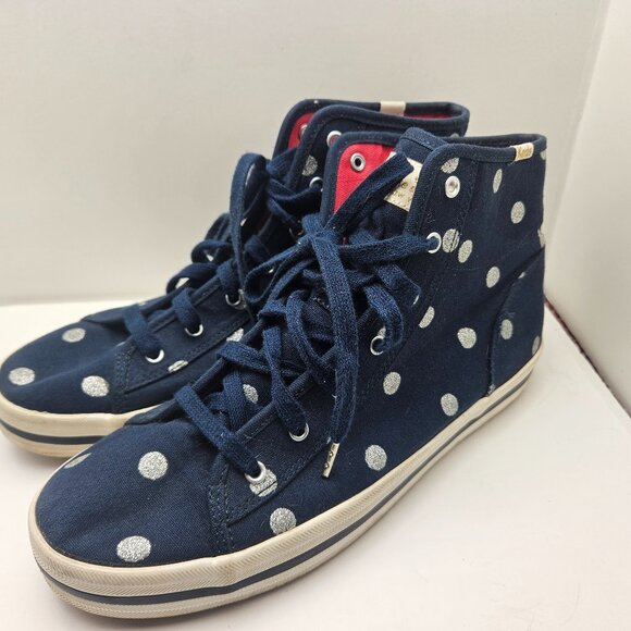 Keds x Kate Spade Navy Polka Dot Glitter Hi Top Sneakers High Blue Silver Sz 8.5 - Picture 1 of 5
